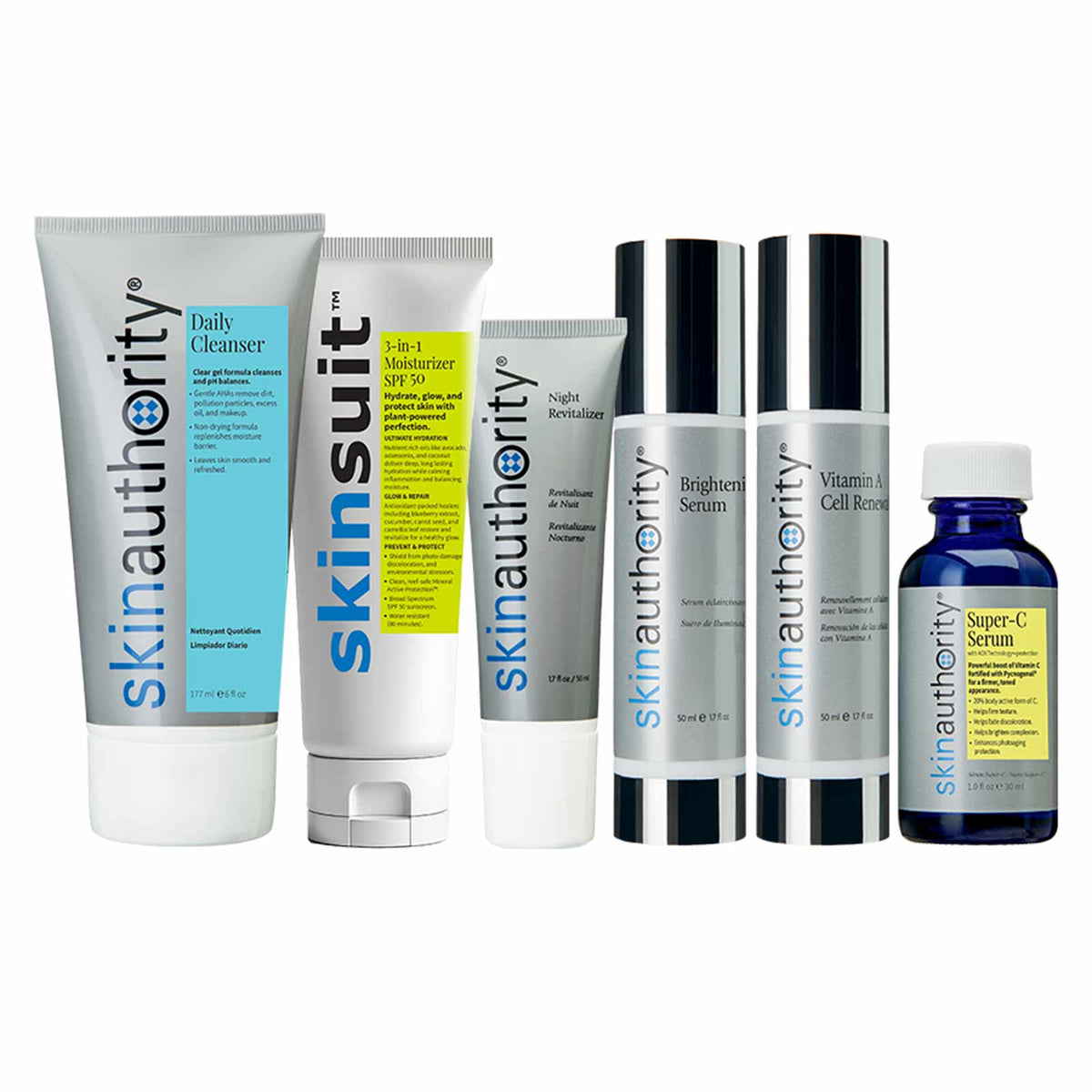 Collection of skin authority skincare products on a white background