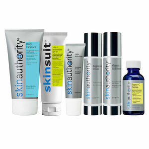 Collection of skin authority skincare products on a white background