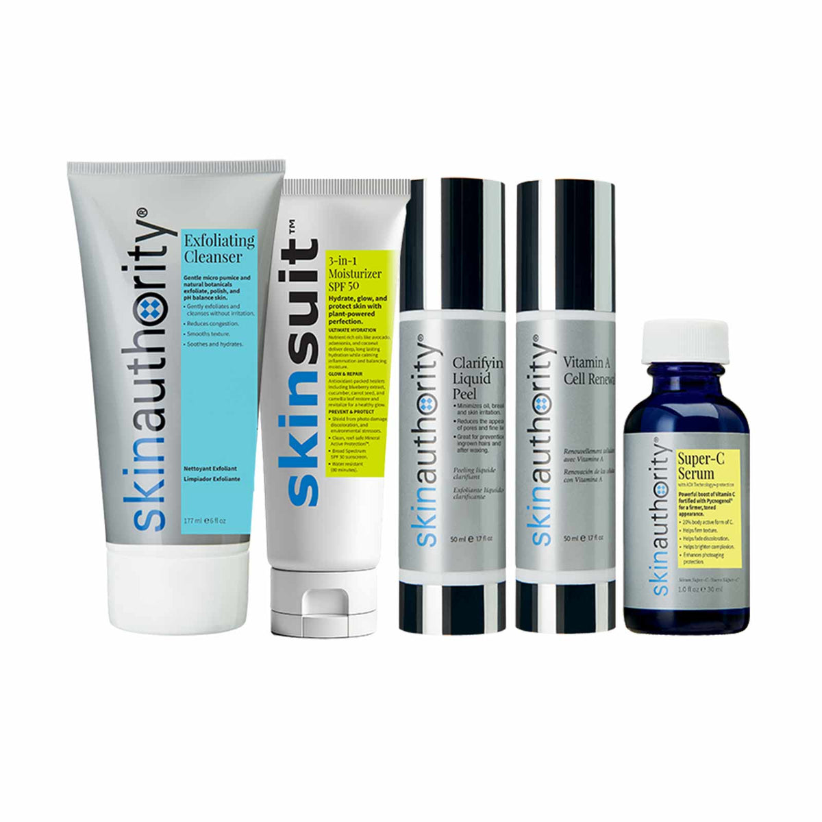 Collection of Skin Authority skincare products on a white background
