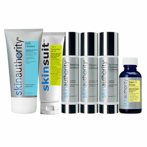 Collection of skin authority skincare products on a white background